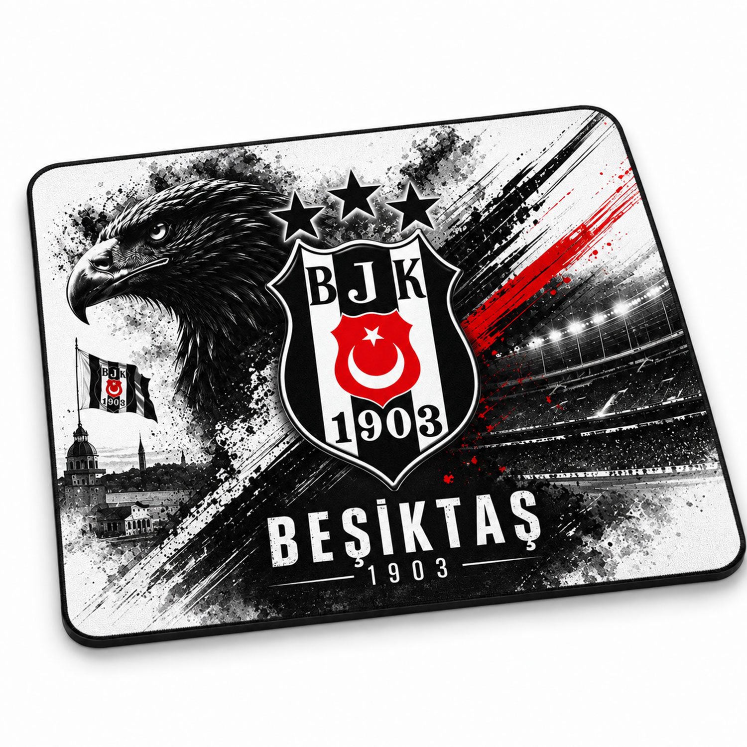 Beşiktaş Muismat - Voetbal Fan Bureau Onderlegger 23x19 cm - Zwart Wit BJK 1903 - Antislip Wasbaar met Zwarte Rand - Klein Mousepad voor PC Laptop - Cadeau voor Voetbalfans Jongens Kinderen Supporters