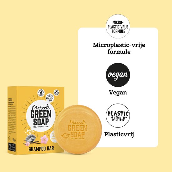 Gele doos met Marcel's Green Soap logo en een ronde oranje shampoobar ernaast. Vegan en plasticvrij.