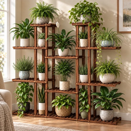 Houten plantenstandaard met 12 potten, vol met verschillende groene planten.
