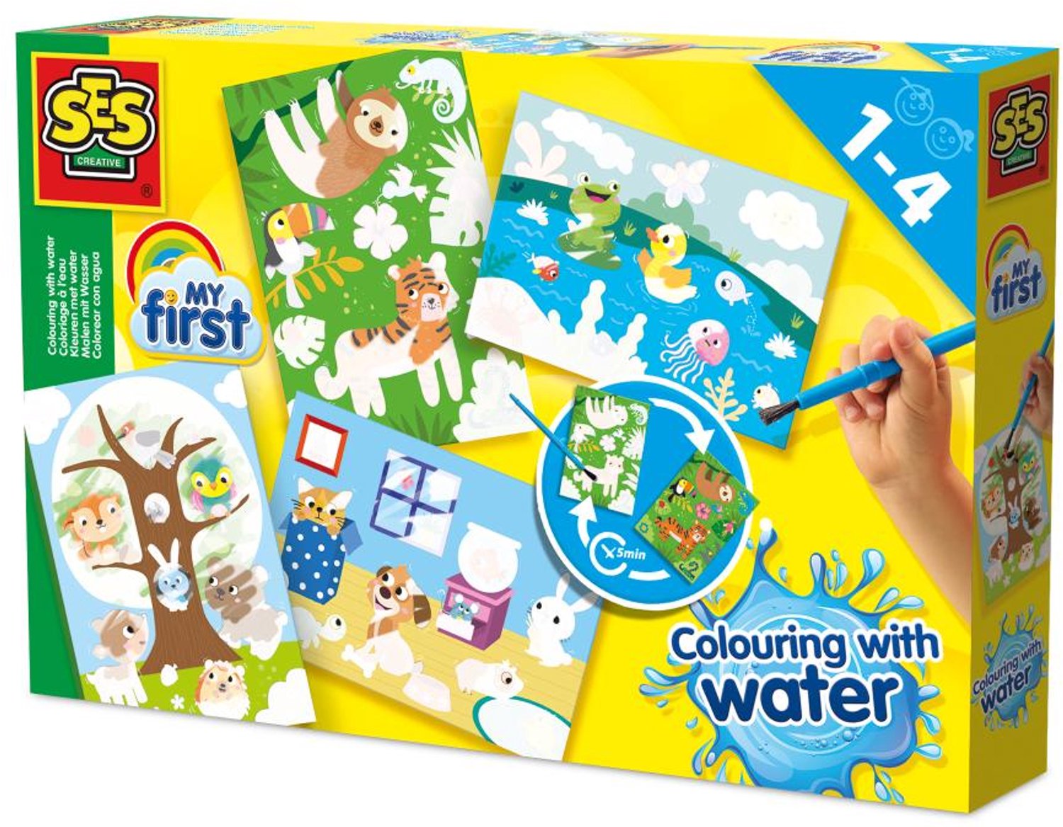 SES - My First - Verven - Kleuren met water - Verborgen dieren - zonder geknoei - inclusief 4 voorbedrukte kaarten en kwast - steeds opnieuw te gebruiken