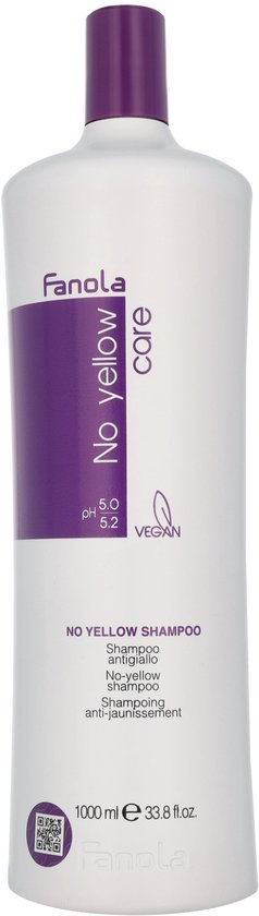 Fanola No Yellow Shampoo, 1000 ml, met paarse dop. "No yellow care" en "NO YELLOW SHAMPOO" op de fles.