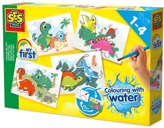 SES Creative 'My First' dinosaurus kleurkaarten met water. Set bevat 4 kaarten en een kwast.