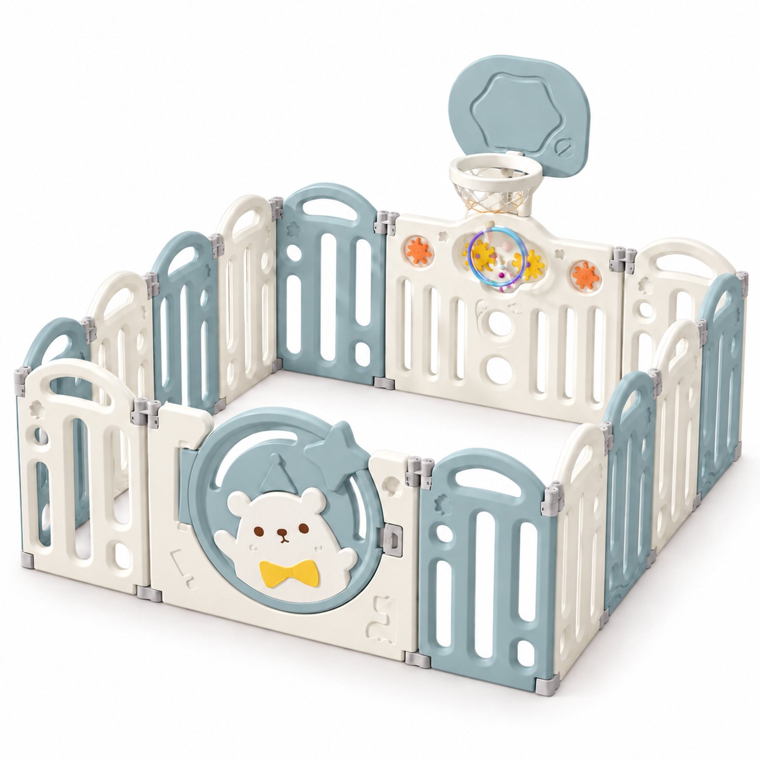 Livista Grondbox Baby –187x150x61cm – 14+2 Panelen – Inklapbare Speelbox met Beren-Thema – Verstelbare Basketbalring – Met Zuignappen – Inclusief Kruipmat – Veilig Kinderbox Playpen
