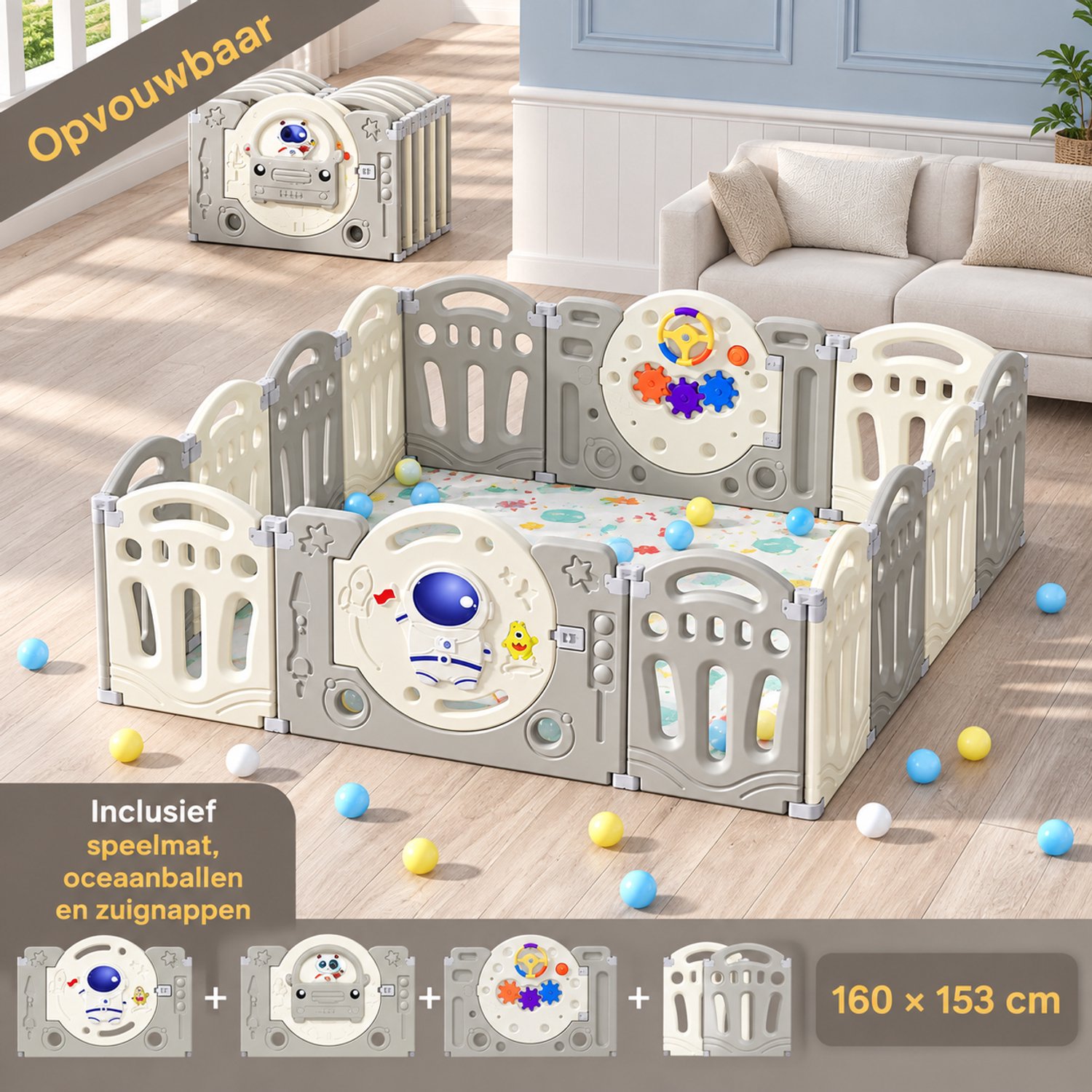 Livista Grondbox Baby –160x153x49cm – 12+2 Panelen – Inklapbare Speelbox – Met Zuignappen – Inclusief Kruipmat & Speelballen – Veilig Kinderbox Playpen – foto 2