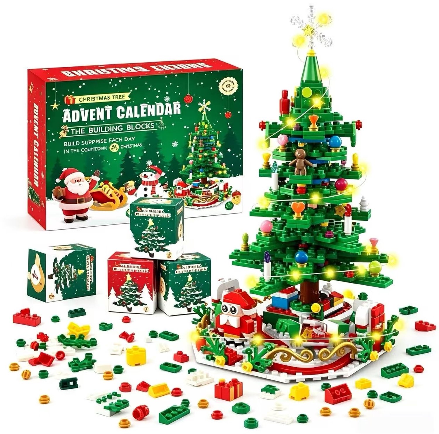 VONKELIOS®Adventskalender 2026 – Kerstboom Bouwset met LED, 24-in-1