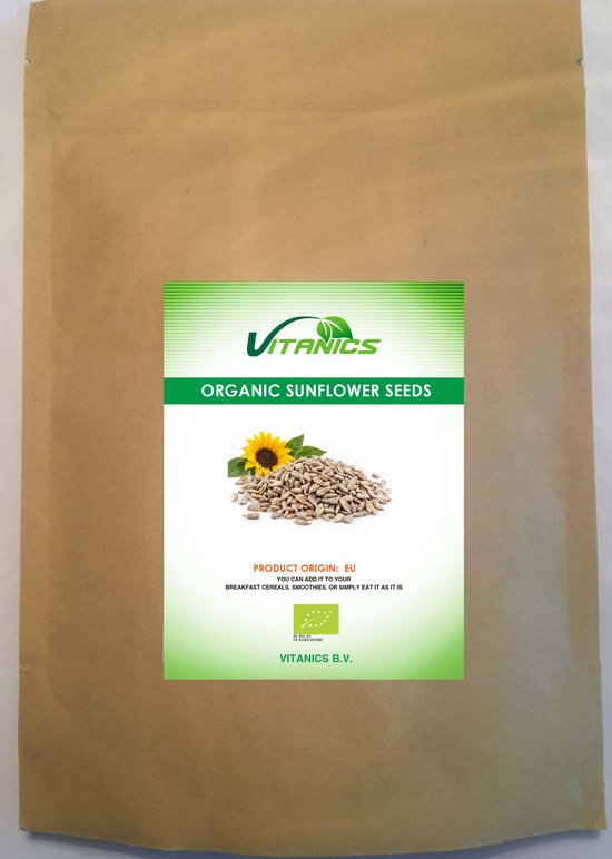 Vitanics biologische zonnebloempitten, product origin EU. Gevulde zak met een label.