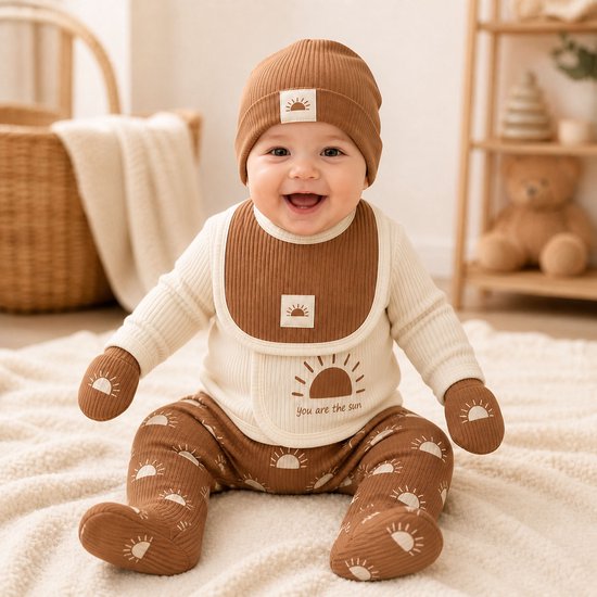 Jungengel Baby Newborn Kledingset 5-delig - Eerste Babykleding Set 0-3 Maanden - Trui Broekje met Voetjes Muts Slabbetje Wantjes - Zon Motief Ribstof Bruin Beige Katoen Unisex - Kraamcadeau Babyshower Geboorte — afbeelding 2