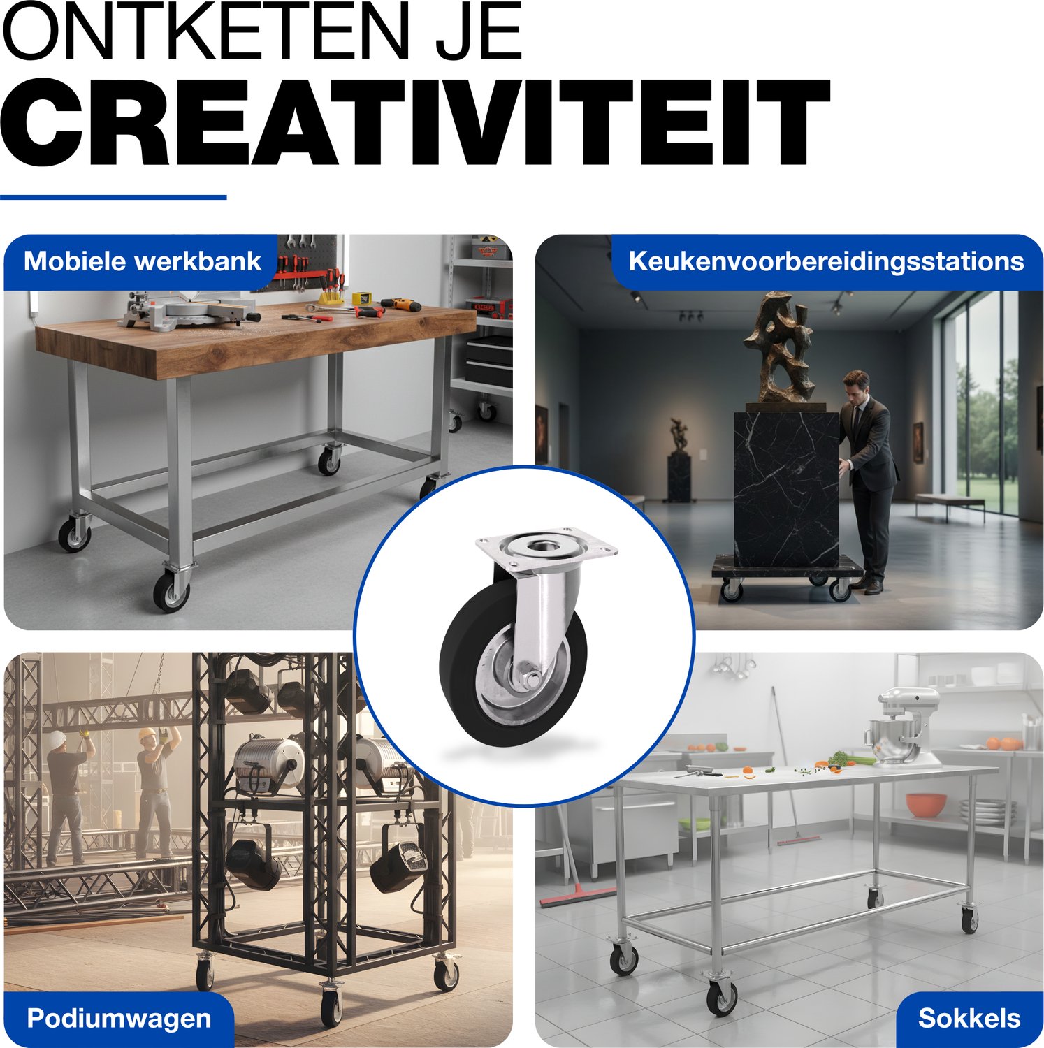 GeZu Impex Zwenkwielen 160 x 40 mm set van 4 Gegalvaniseerd Zware Zwenkwielen Industriële Polyurethaan Massief Rubber