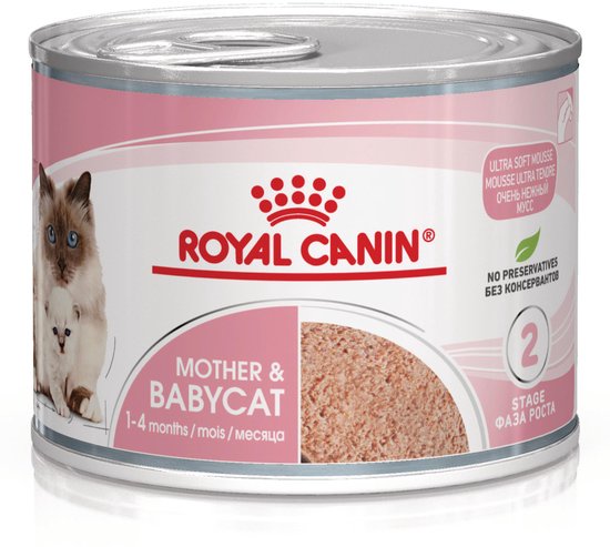 Blikje Royal Canin Mother & Babycat natvoer, 195g, fase 2 voor kittens van 1 tot 4 maanden.