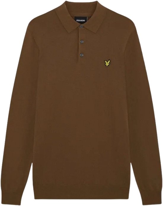 Bruine Lyle & Scott merinowollen polo met lange mouwen, kraag met drie knopen en het iconische gele adelaar-logo.