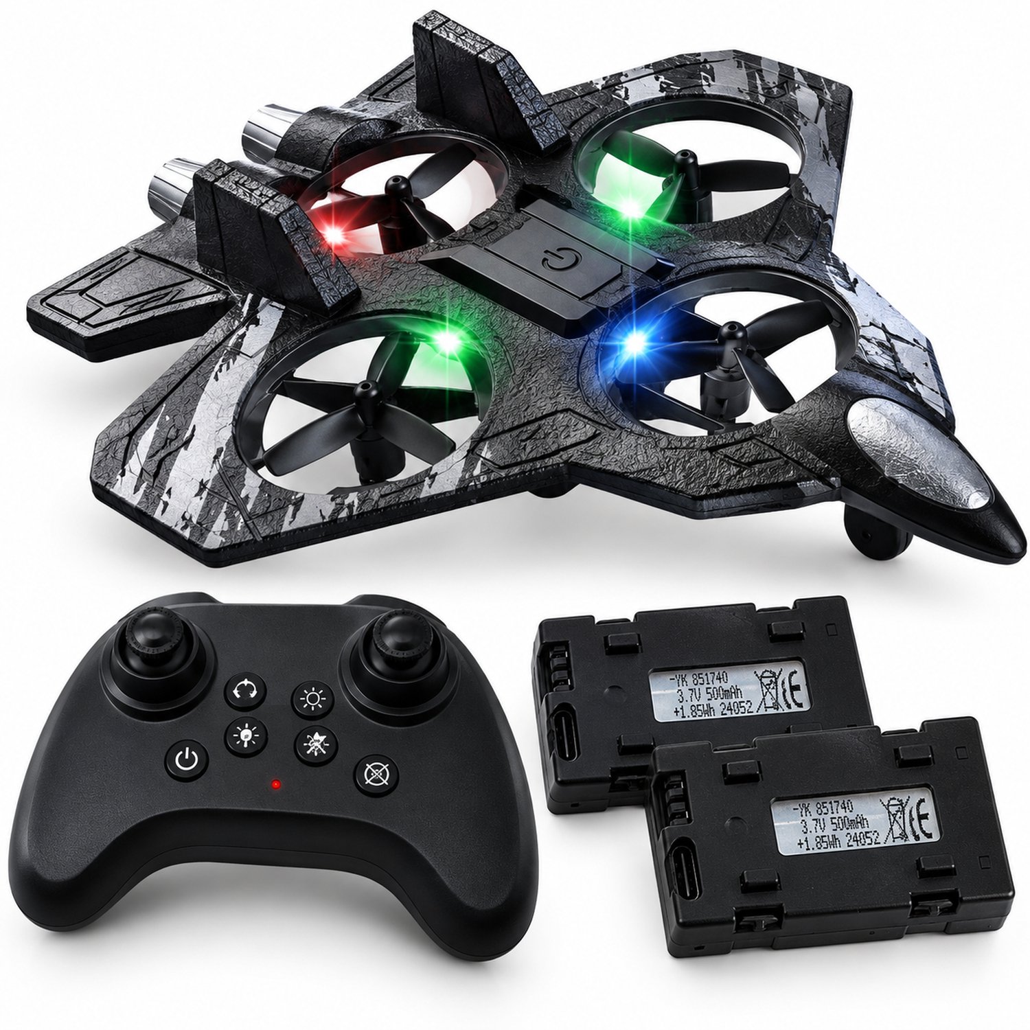 Pirox RC Skycopter Drone – Straaljager – 4 Propellers – 2.4 GHz – 360° Flips – 2 Batterijen – Bestuurbaar Vliegtuig – Zwart