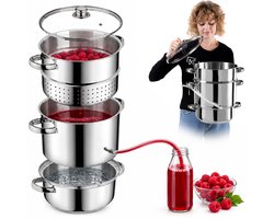 KADAX Stoomsapcentrifuge, 8 liter fruitpers van roestvrij staal met glazen deksel, vaatwasmachinebestendige sapcentrifuge, stoompers voor alle kookplaten, inclusief inductie (zilver)