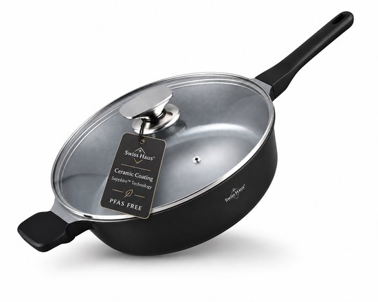 Swiss Haus® BDF26B Hapjespan Inductie met Deksel - Ø 26 cm / 3.1 Liter - PFAS Vrij - Hapjespannen Voor Alle Warmtebronnen - Braadpan Met Sapphire™ Antiaanbaklaag - Zwart