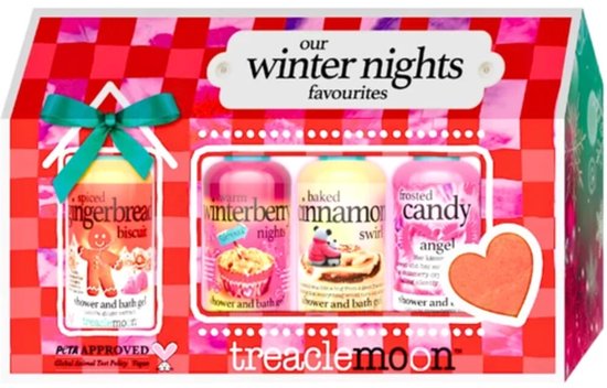 Cadeauset Our Winter Nights met drie douchegels, een badbal en een rood-wit geruite verpakking met strik.