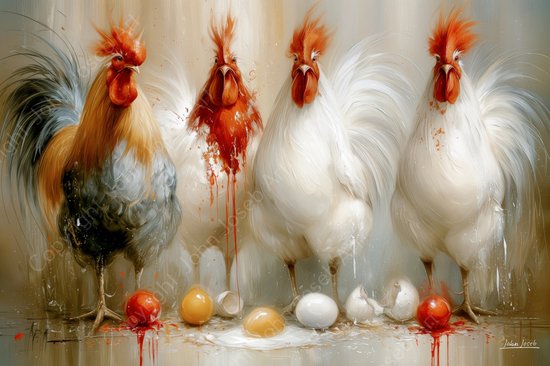 Olieschilderij met vier hanen in wit, grijs en rood met gebroken eieren op de grond.