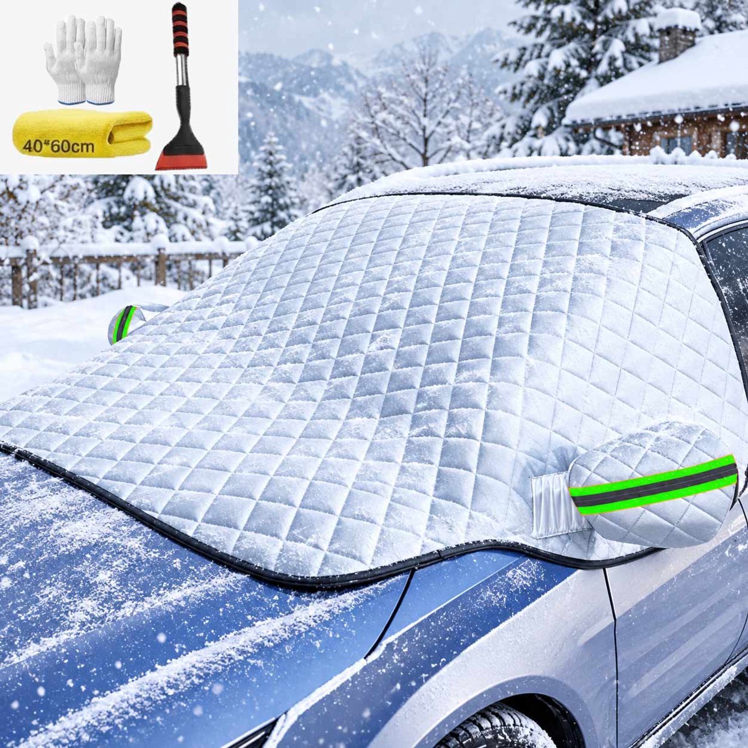 Meedeer Vriesdeken Auto-Auto voorruithoes-Voorruit + Zijruit-(Sneeuwschuiver+Autopoetsdoek+Handschoenen)-Sneeuwdeken-Zonnescherm- Winter（Zilver）