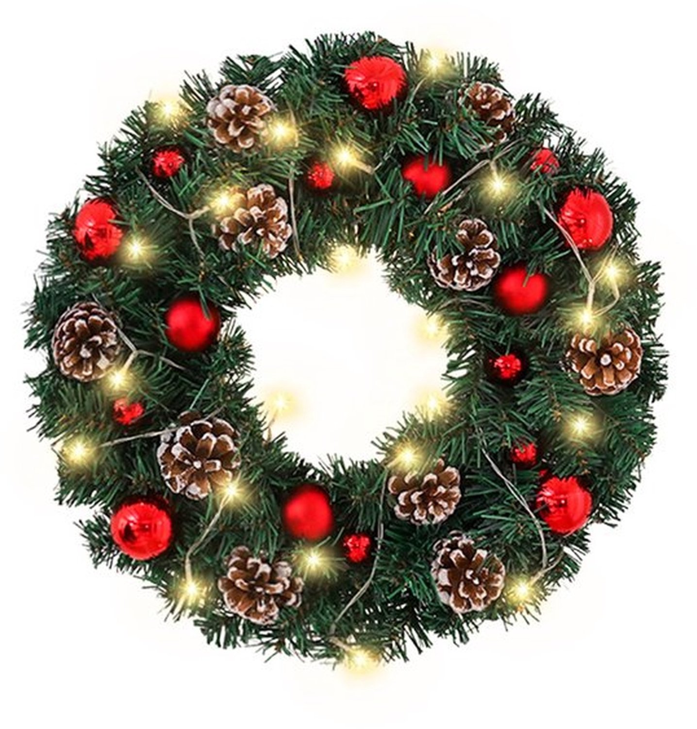 Verlichte Kerstkrans 50 cm | Met rode kerstballen en dennenappels Batterijgevoed (batterijen niet inbegrepen), hangdecoratie voor deur en raam
