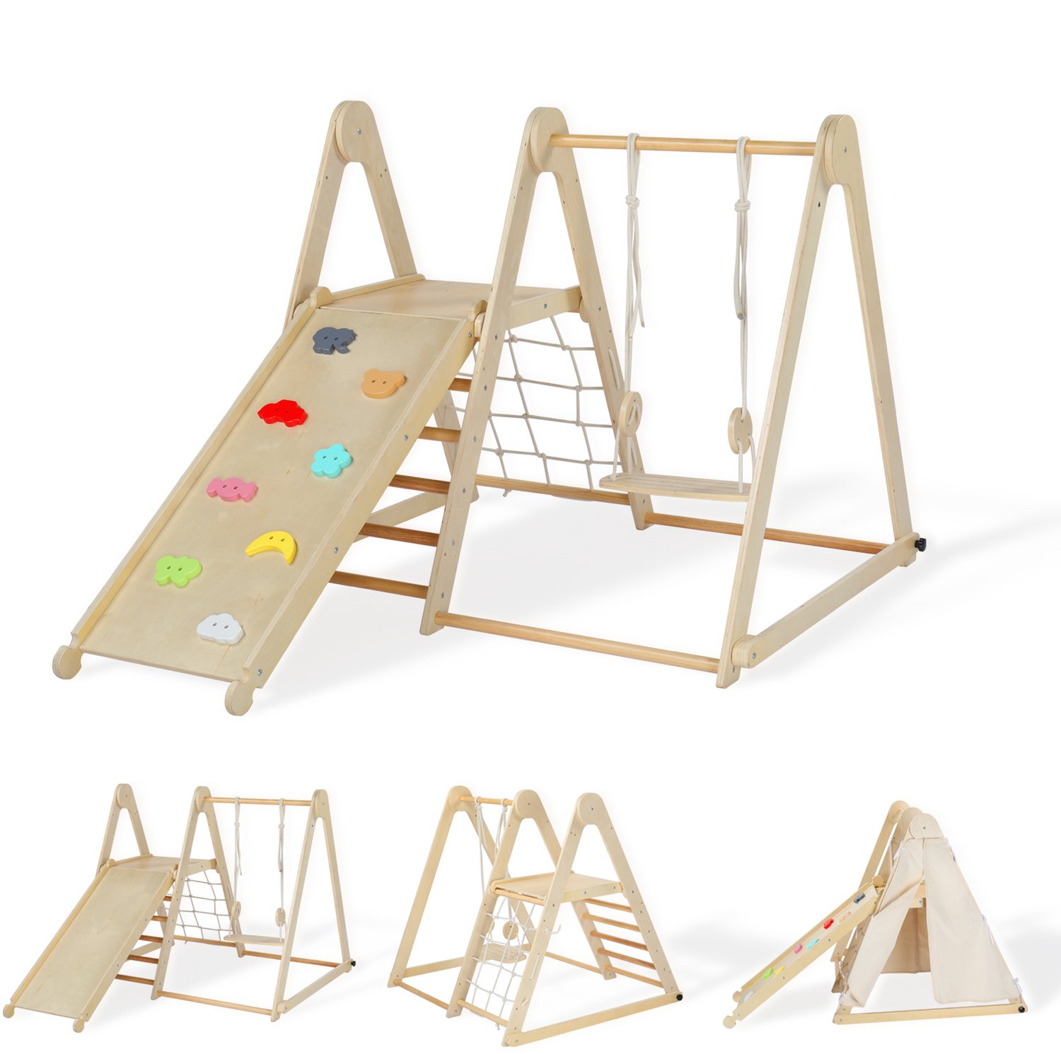LEADZM - Klimspeeltoestel, 7-in-1 driehoek set, Veelzijdig met glijbaan/schommel/rijbaan/klimnet - Multicolor