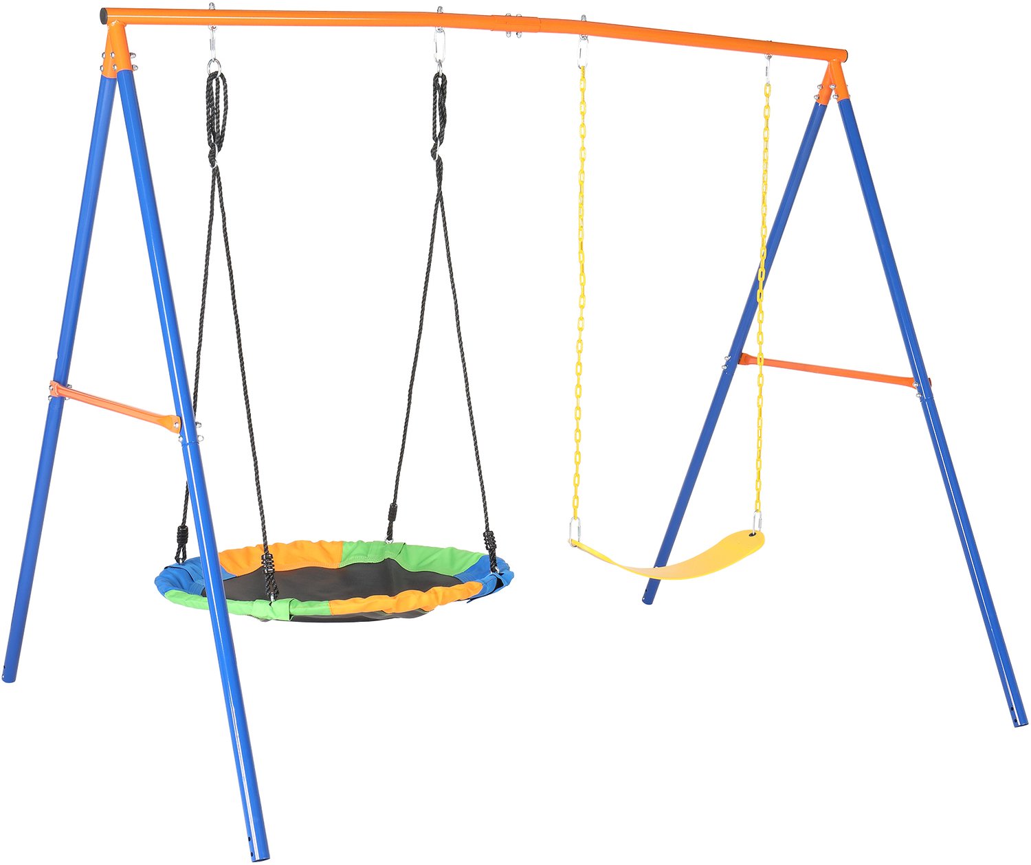Schommelstation kind - LEADZM - Ronde vogelnest-schommel O100 cm, Gordelschommel - 2 bevestigingsmethoden, Blauw en Oranje