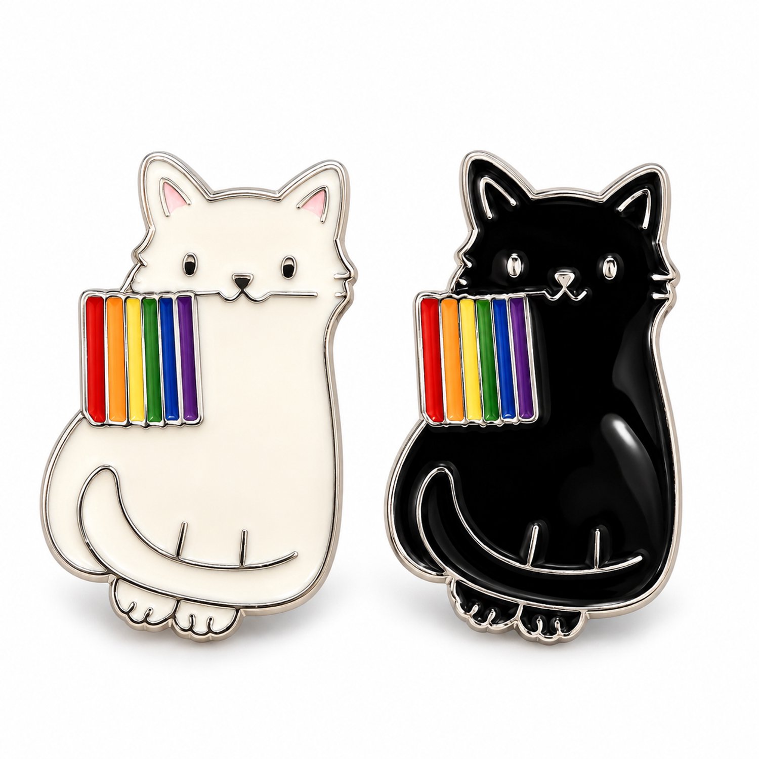 Nina’s Giftshop® Katten Broche Set van 2 – Kattenbroche – Regenboog Broche – Pride Cadeau – LGBTQ+ Cadeau – Pride Accessoire – Kattenliefhebber Cadeau – Wit & Zwart