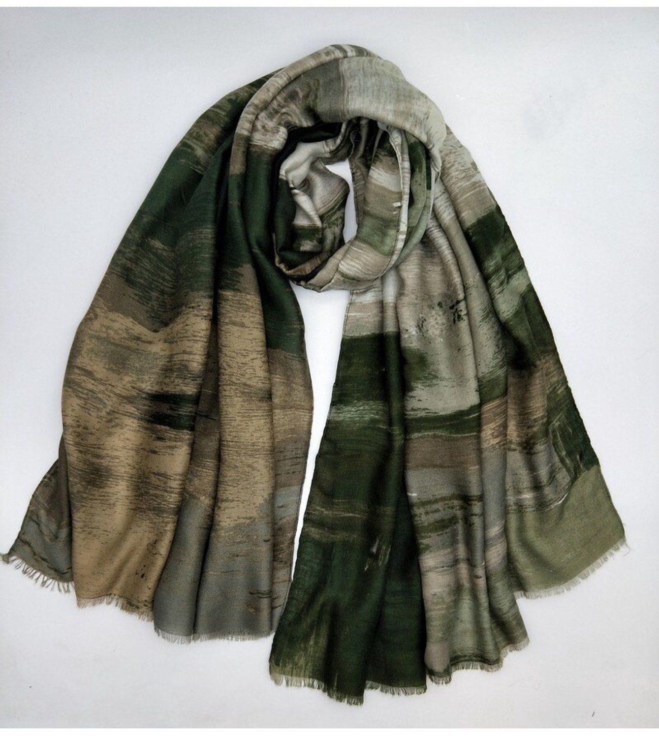 Lange dames sjaal Annika-gemeleerd motief-groen taupe olijfgroen wit licht gember zwart bladgroen
