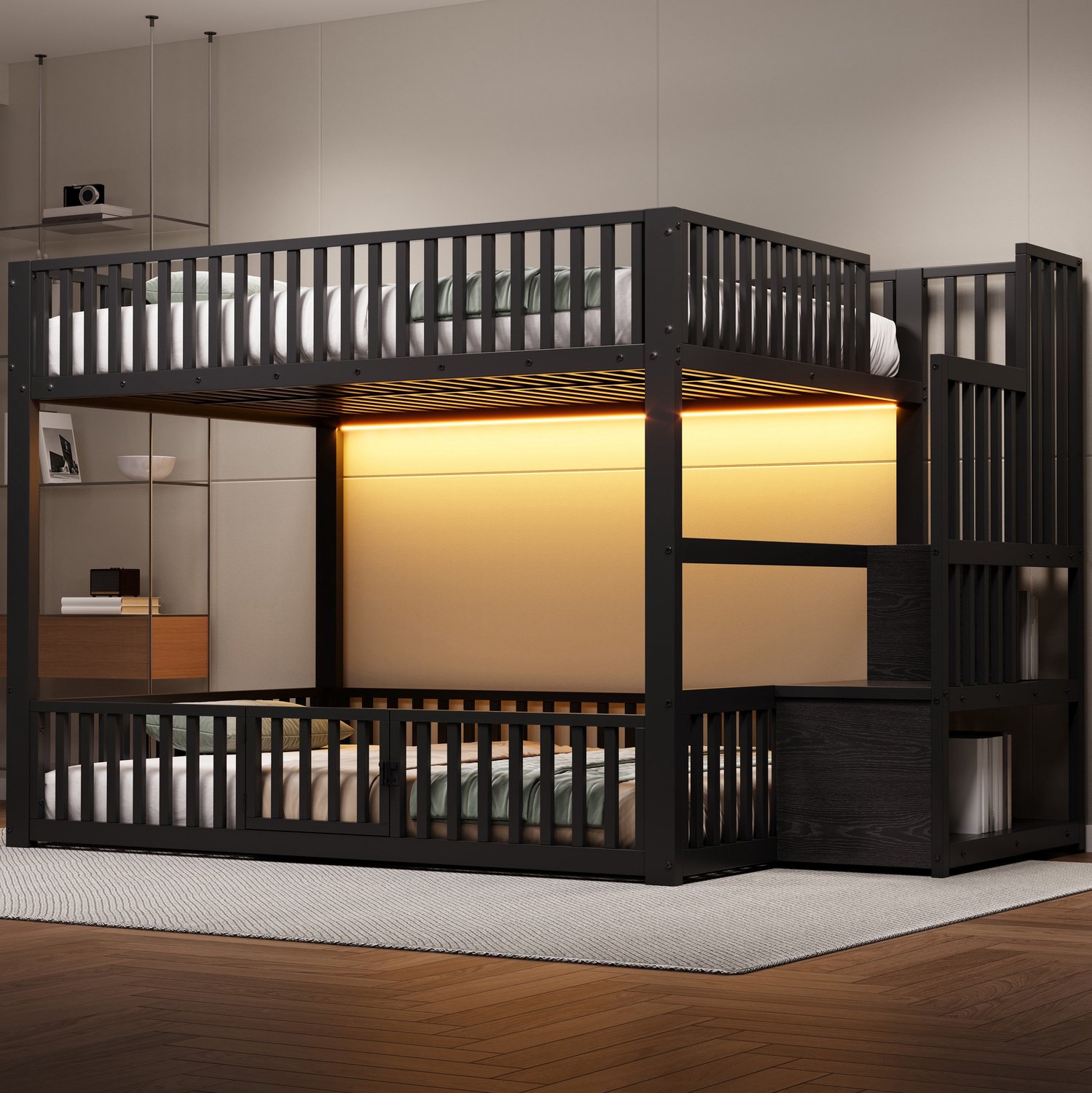 MUVANO Stapelbed 140x200 - Zwart metalen frame - Lage uitvoering voor lage plafonds - met opbergladder en geïntegreerde ledverlichting voor slaapkamer of logeerkamer