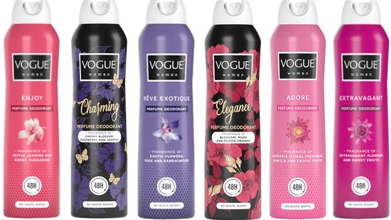 Zes Vogue vrouwen deodorant sprays in verschillende kleuren met bloemige patronen en 48-uurs bescherming.