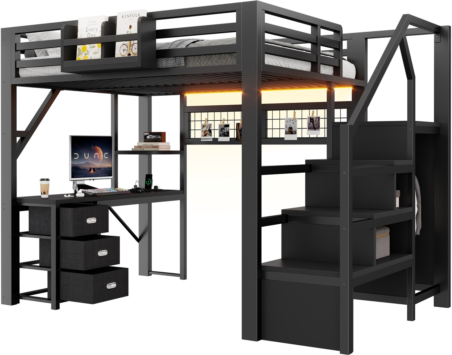 MUVANO Metalen hoogslaper 140x200 cm - hoogslaper met bureau - 3 lades, kledingkast en ledverlichting - zwart - voor slaapkamer en werkplek