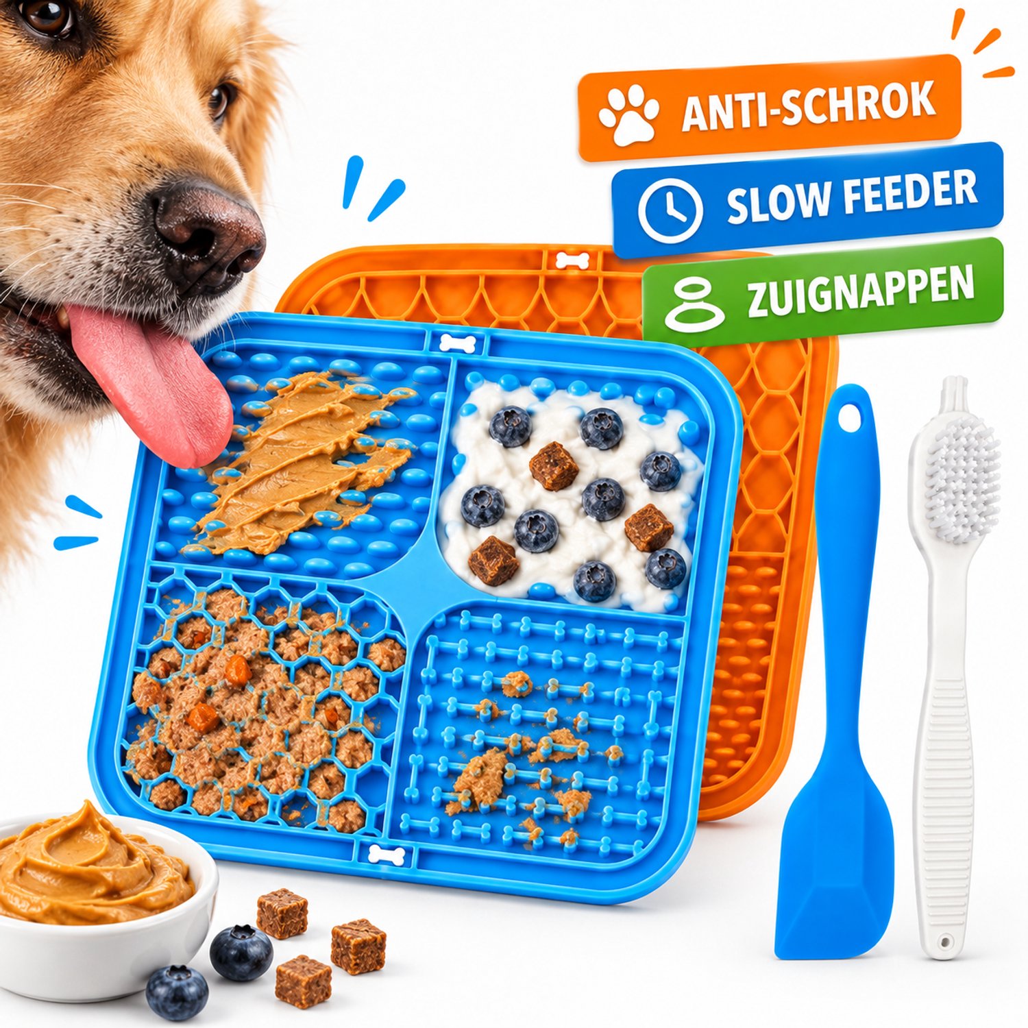 YYchan Likmat Hond 20x20 cm - Siliconen Slow Feeder / Voermat Hond - Anti-Schrok Hondenlikmat met Zuignappen - BPA-vrij & Vaatwasserbestendig - Inclusief Spatel en Borstel - Voor Pindakaas, Snacks, Natvoer en Yoghurt-Blauw En Oranje
