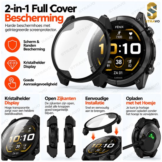 Infographic over zwarte 2-in-1 beschermhoes met screenprotector voor Garmin Fenix.