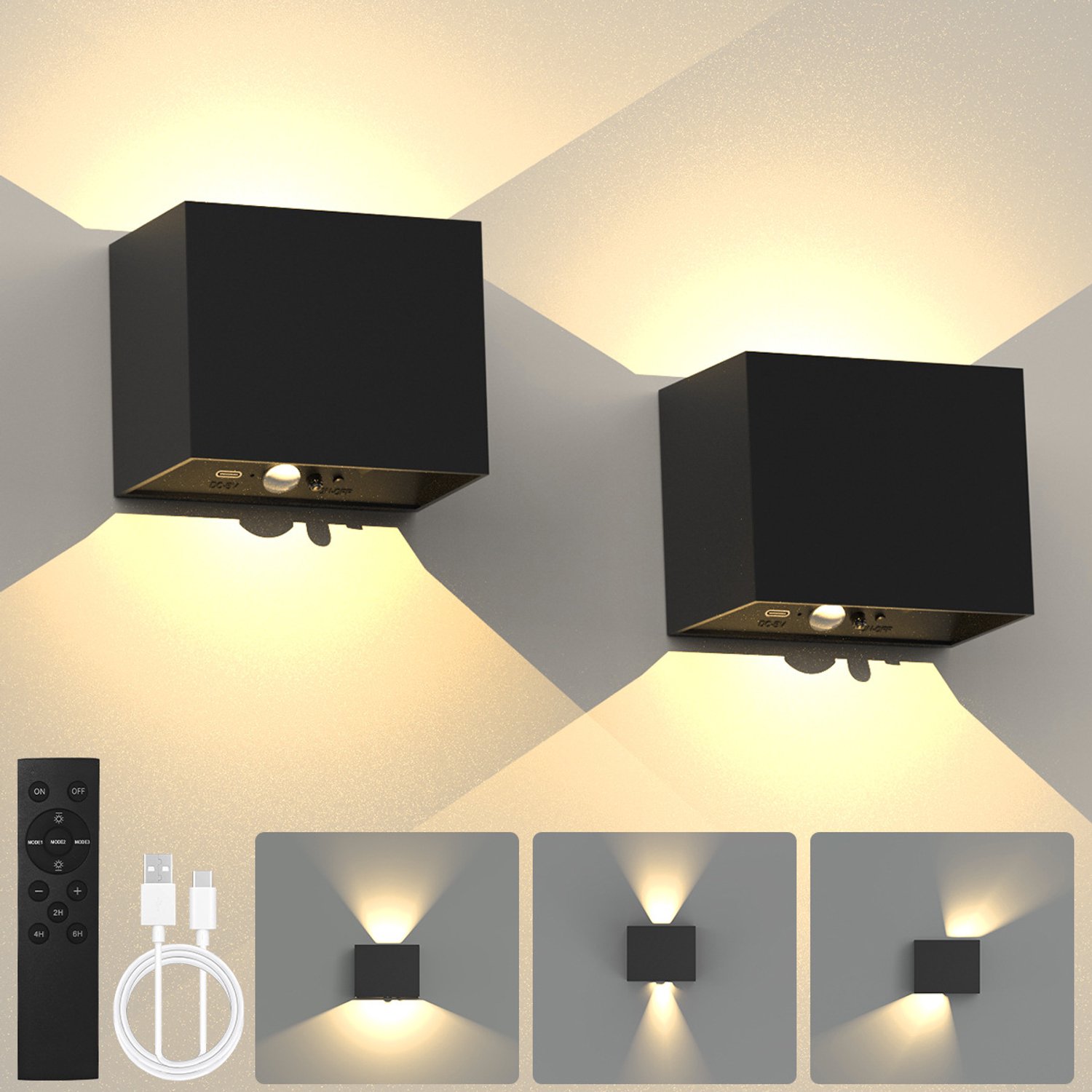 2 Stuks binnenwandlamp met bewegingssensor - Oplaadbare binnenwandlamp - Kubus wandlamp - Up en down light - warm licht - Verstelbare lichthoek - Zwart