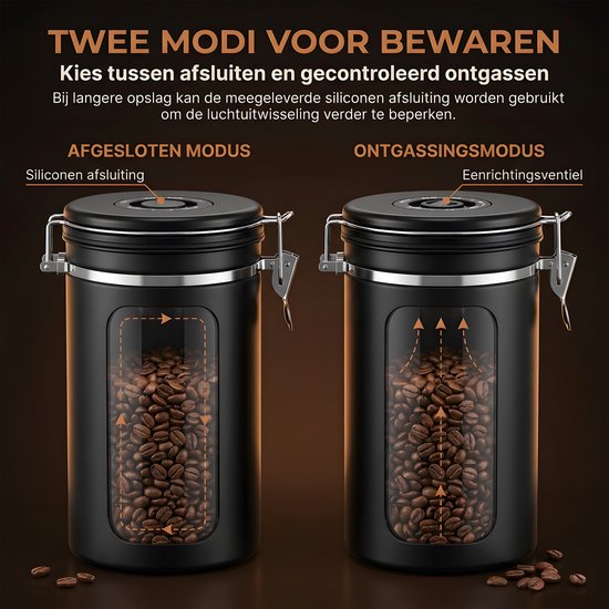 Zwarte koffiebus met twee standen voor afgesloten of gecontroleerde ontgassing, toont siliconen afsluiting en ventiel.