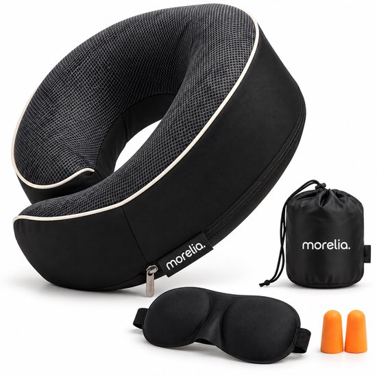 Oreiller de voyage noir Morelia avec masque de nuit, bouchons d'oreilles orange et pochette de rangement.