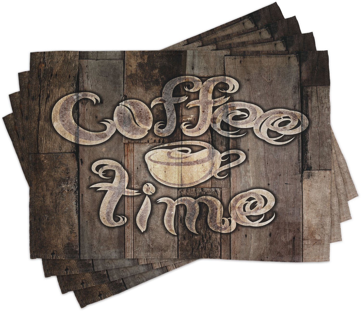 ABAKUHAUS Modern Placemats Set van 4, Koffiebruin Tijd Tekst met een Kopje op een Houten Grunge Achtergrond Keuken Afbeelding, Wasbare Stoffen Placemats voor de Eettafel, Standaardformaat, Omber Cacao
