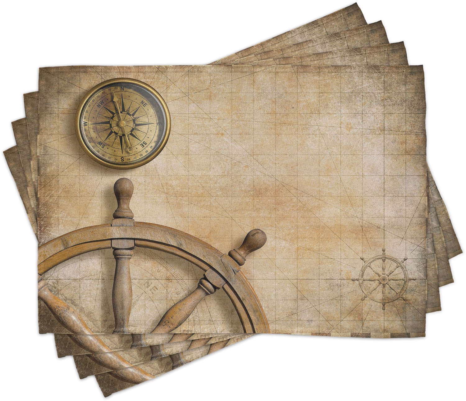 ABAKUHAUS Nautisch Placemats Set van 4, Stuur Wiel Kompas Vintage Kaart Decor Kapitein's Kajuit Vinden Schat Print, Wasbare Stoffen Placemats voor de Eettafel, Standaardformaat, Beige