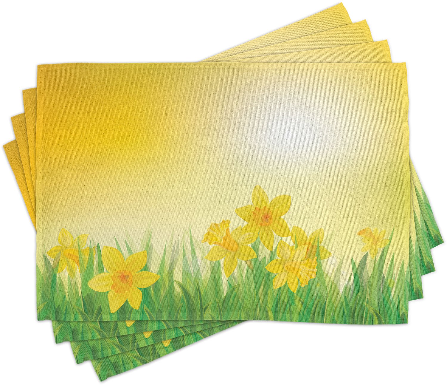 ABAKUHAUS Narcissen Placemats Set van 4, Daffodil Bloemen op een Lente Weide Platteland Zonnig Natuur Illustratie, Wasbare Stoffen Placemats voor de Eettafel, Standaardformaat, Geel Groen
