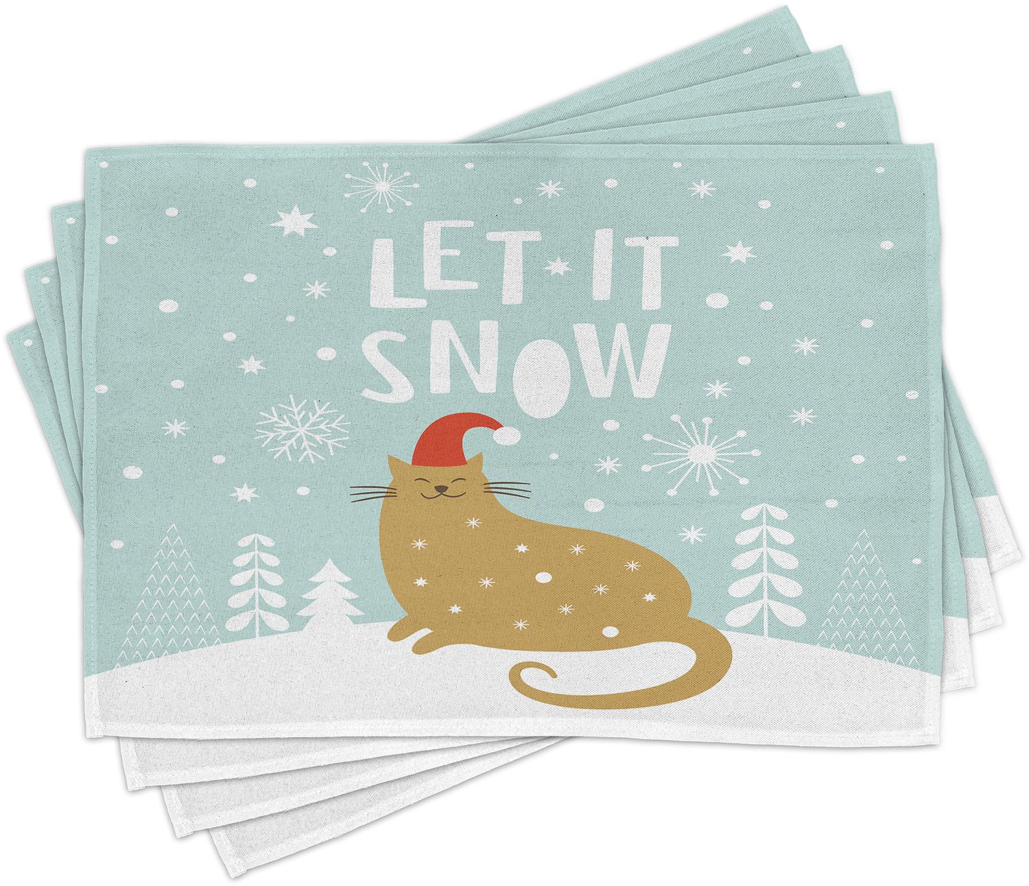ABAKUHAUS Kerst Placemats Set van 4, Laat Het Sneeuwen Woorden Katje Kat Kerstman Claus Muts Koud Seizoen Grafisch, Wasbare Stoffen Placemats voor de Eettafel, Standaardformaat, Zeegroen Zandbruin Wit