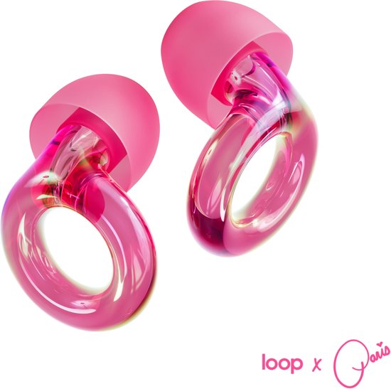 Roze, transparante oordopjes met ronde ringen en zachte dopjes, 'loop x Paris' logo onderaan.