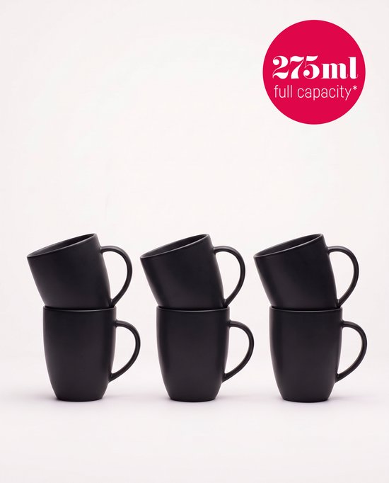 Six tasses en porcelaine noir mat avec anse, empilées par deux, avec un cercle rose et le texte : 275ml capacité totale.