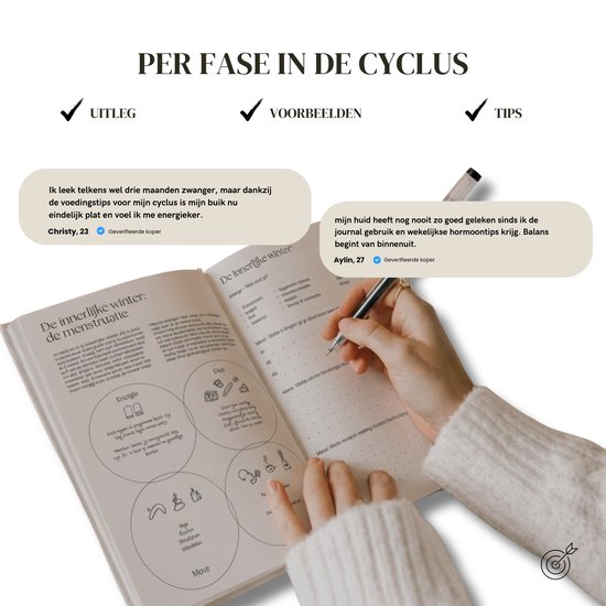 Iemand schrijft in een open Inner Seasons Journal, getoond met reviews van Christy en Aylin over hormoontips.