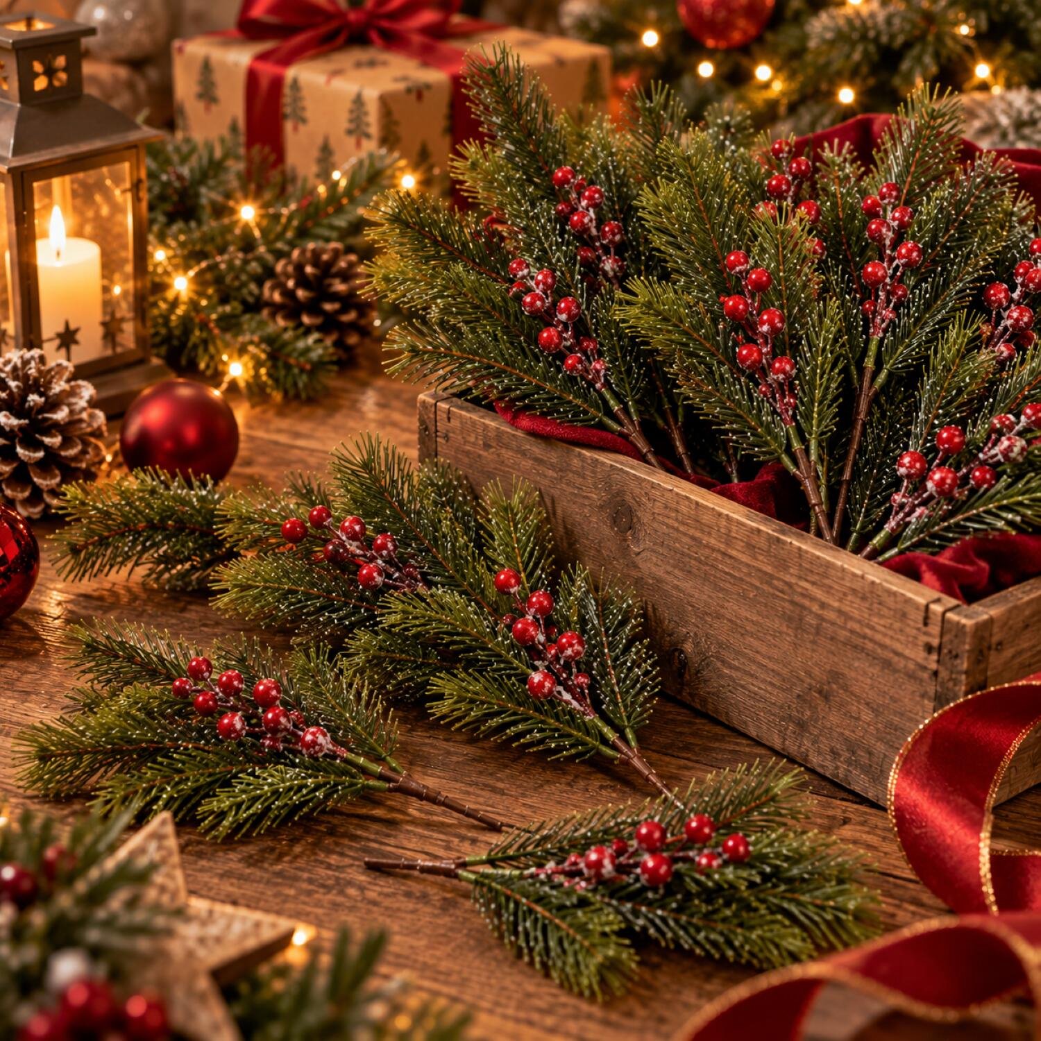 Decoris kersttak/dennentak - 50x - groen met bessen - 52 cm