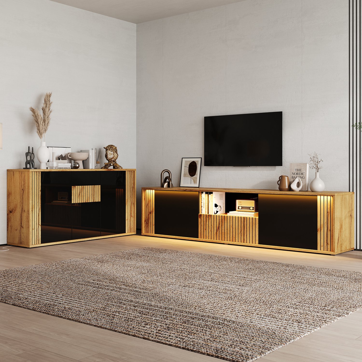 VVBV TV Meubel / TV Kast 180x38x46 cm – Opbergruimte, 6 Deuren, Tot 50 kg, Rillenstructuur – voor Woonkamer – MDF – Wit