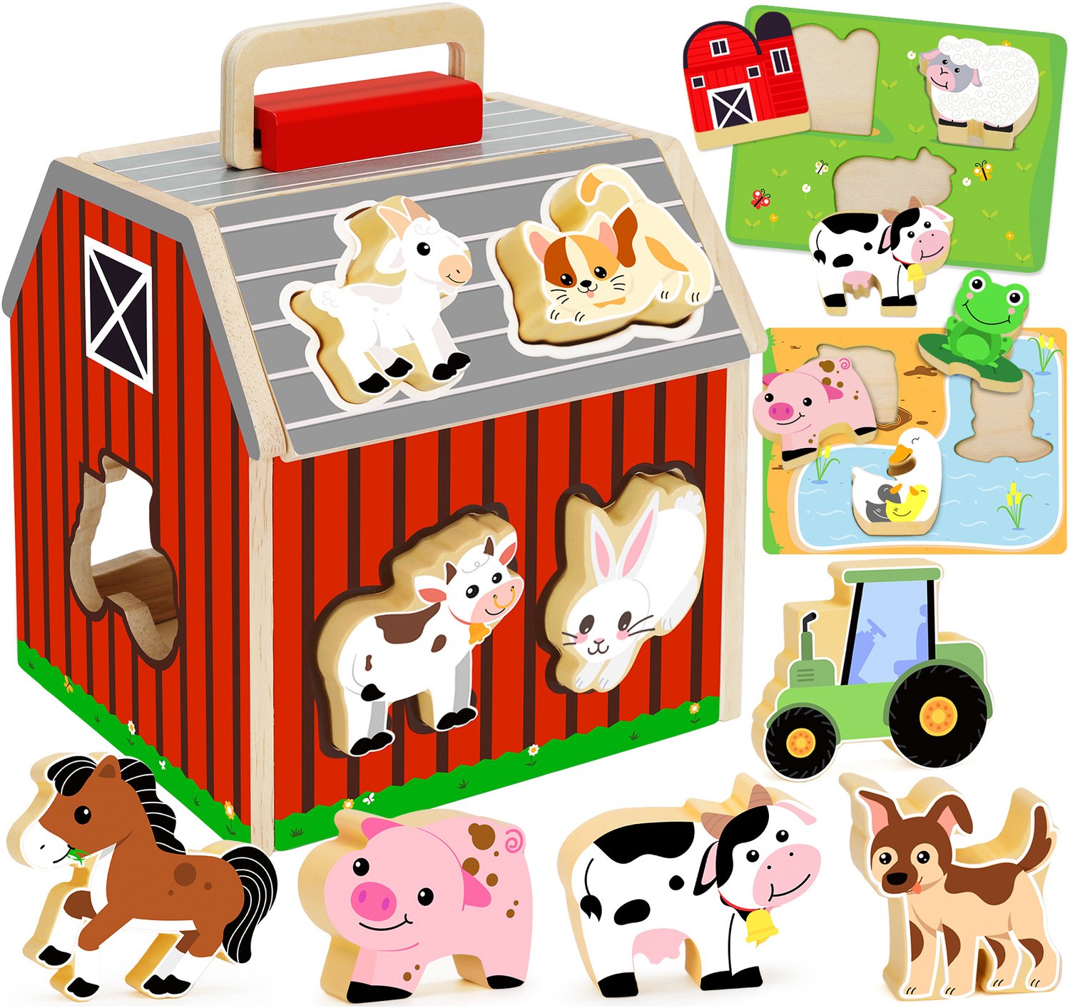 Houten Montessori Boerderij Speelhuis ‑ Dieren Vormensorteerdoos ‑ Puzzelspel ‑ Draagbaar Educatief Speelgoed voor Kinderen 3‑6 Jaar