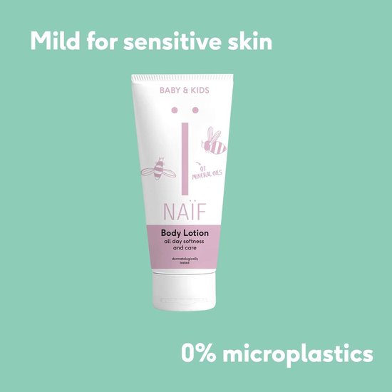Witte tube Naïf Body Lotion voor baby & kids met bijenillustratie. Zonder minerale oliën. Mild voor gevoelige huid. 0% microplastics.