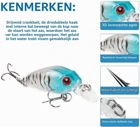 Set van 8 Drijvende Aas voor Snoek, Forel, Zalm en Baars - Realistische Simulatie Lures voor Zoet- en Zoutwater — afbeelding 5