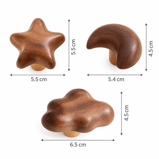 Vavida Wandhaakjes - Hout - Kinderkamer - 4 Stuks - Wolk - Ster - Maan — afbeelding 2