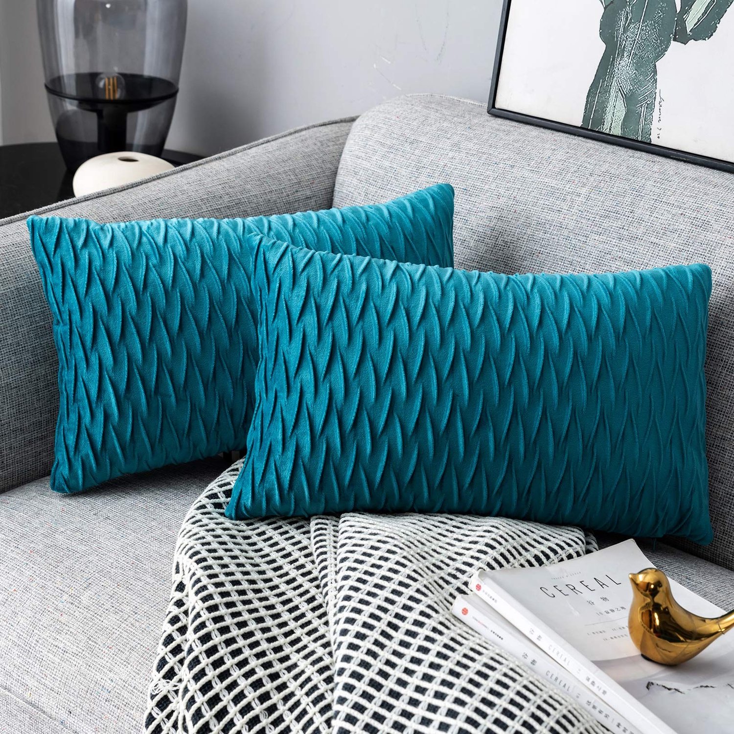 Famanu – Velvet Kussenhoezen 30 x 50 cm, 2 Stuks, Turquoise, Eenvoudig Patroon