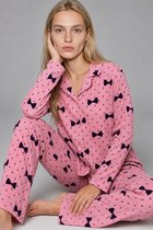 JANE WOLF Dames Pyjama Set 2-delig - Roze met Strikjes & Stippen - Lange Mouw - Lange Broek - Katoen Stretch - Model 4749 Maat M