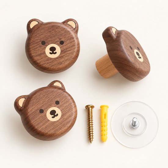 Vavida Wandhaakjes - Hout - Kinderkamer - 3 Stuks - Beer - Beertjes - Walnoot — afbeelding 5