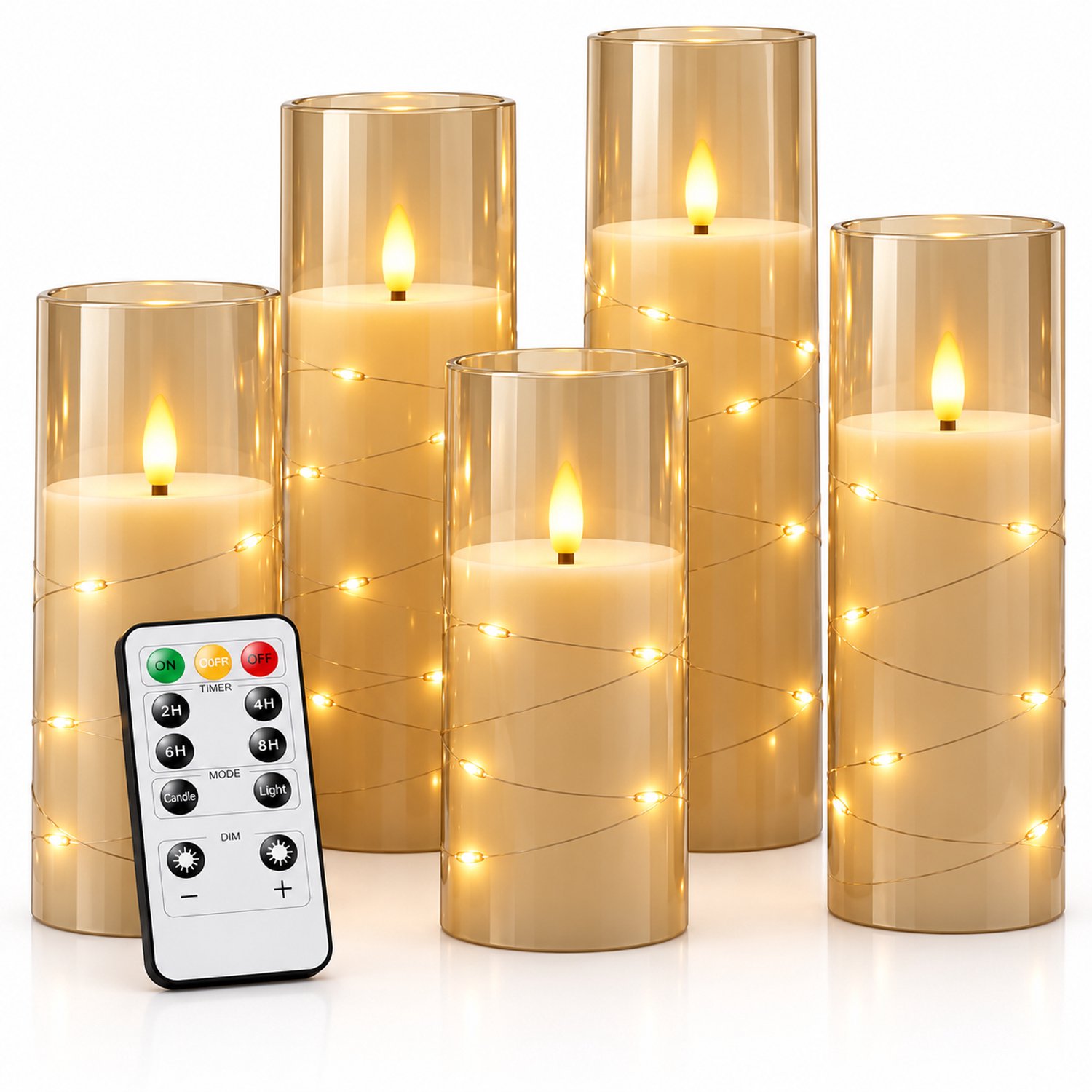 Nina’s Giftshop® LED Kaarsen Set 5 Stuks – Beige – Bewegende Vlam – Afstandsbediening – Timer – Dimbaar – Sfeerverlichting – Tafeldecoratie – Kerstdecoratie